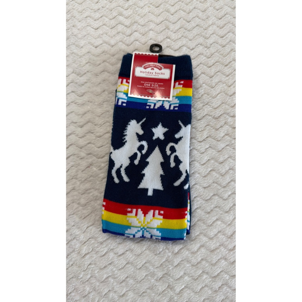 Holiday Time Unicorn Isle Navy Blue Rainbow Christmas Crew Socks One Size NEW